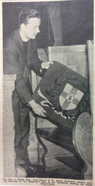 The installation of the Governor&rsquo;s Seat in St Anne&rsquo;s Cathedral, Belfast, as featured in the edition of 19 July 1957