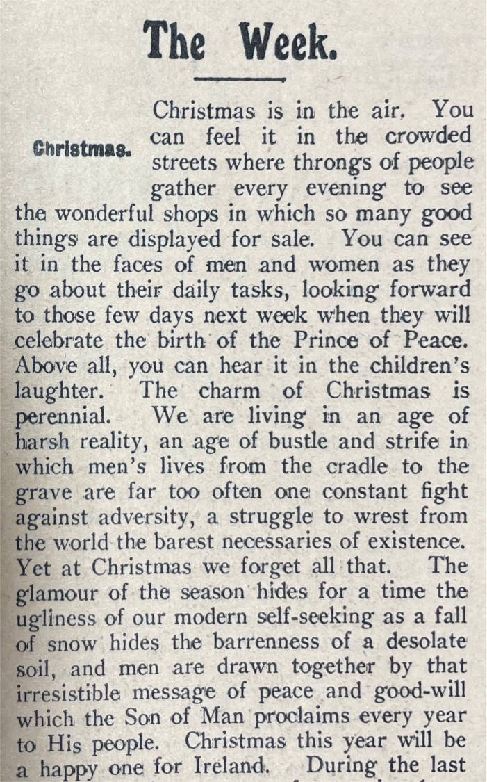 Lead article published in the Church of Ireland Gazette, 9 December 1921.