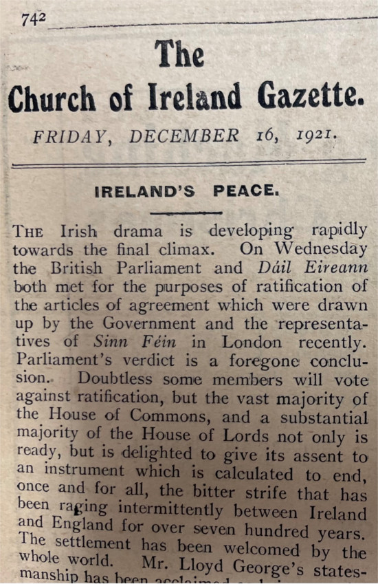 &lsquo;Ireland's Peace', Church of Ireland Gazette, 16 December 1921