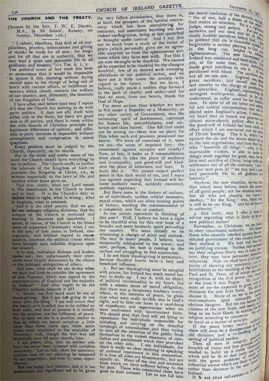 &lsquo;The Church and the Treaty', sermon preached in Raheny parish church, Dublin, 11 December 2021, Church of Ireland Gazette, 16 December 1921