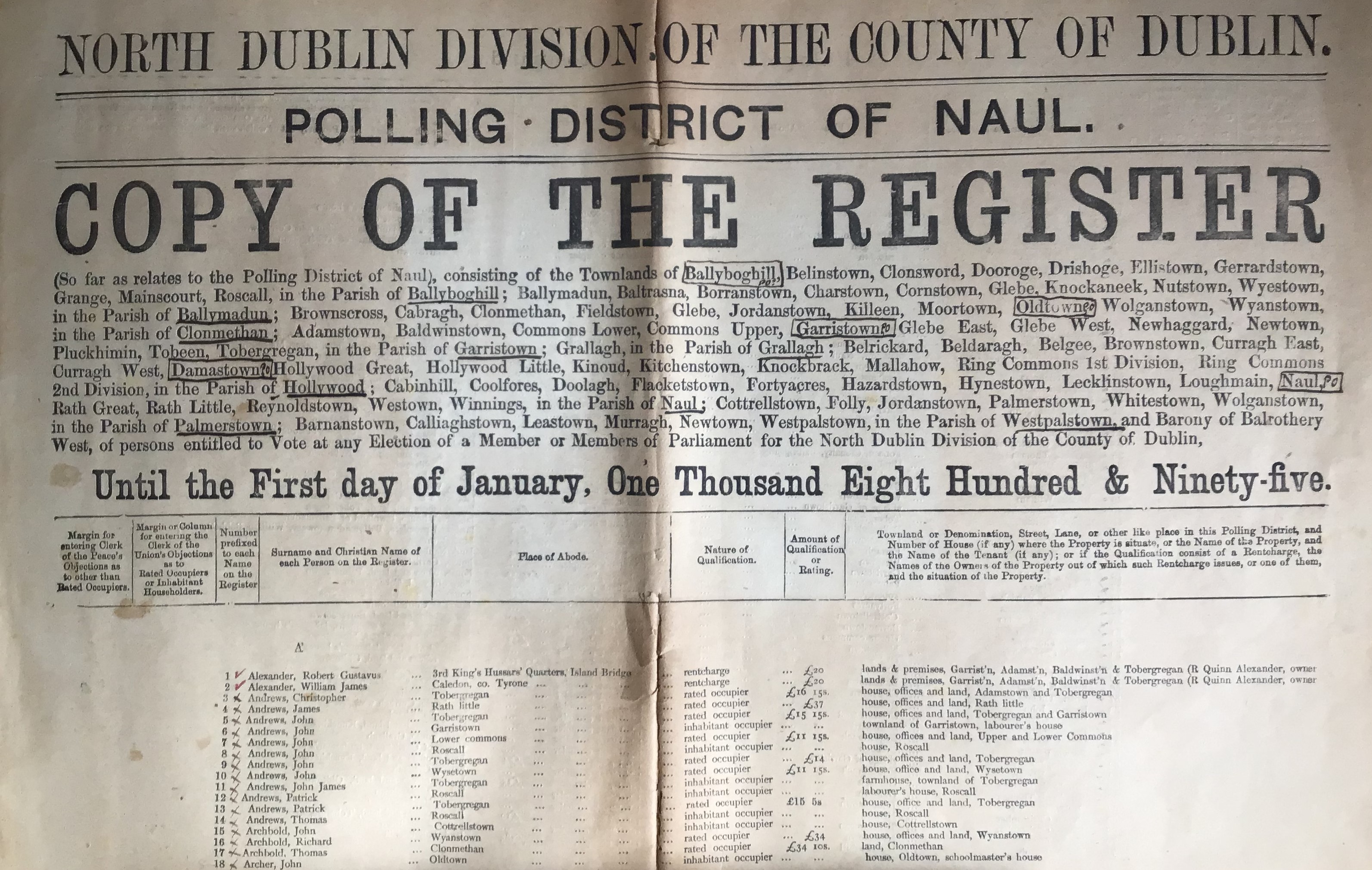 The first page of the item, which details the areas listed in the polling district.