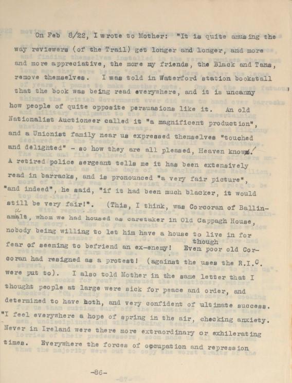 Page from the memoir describing the positive impact of Ussher's book on the Black and Tans, and how it was received positively by Unionist and Nationalist alike, RCB Library MS 70