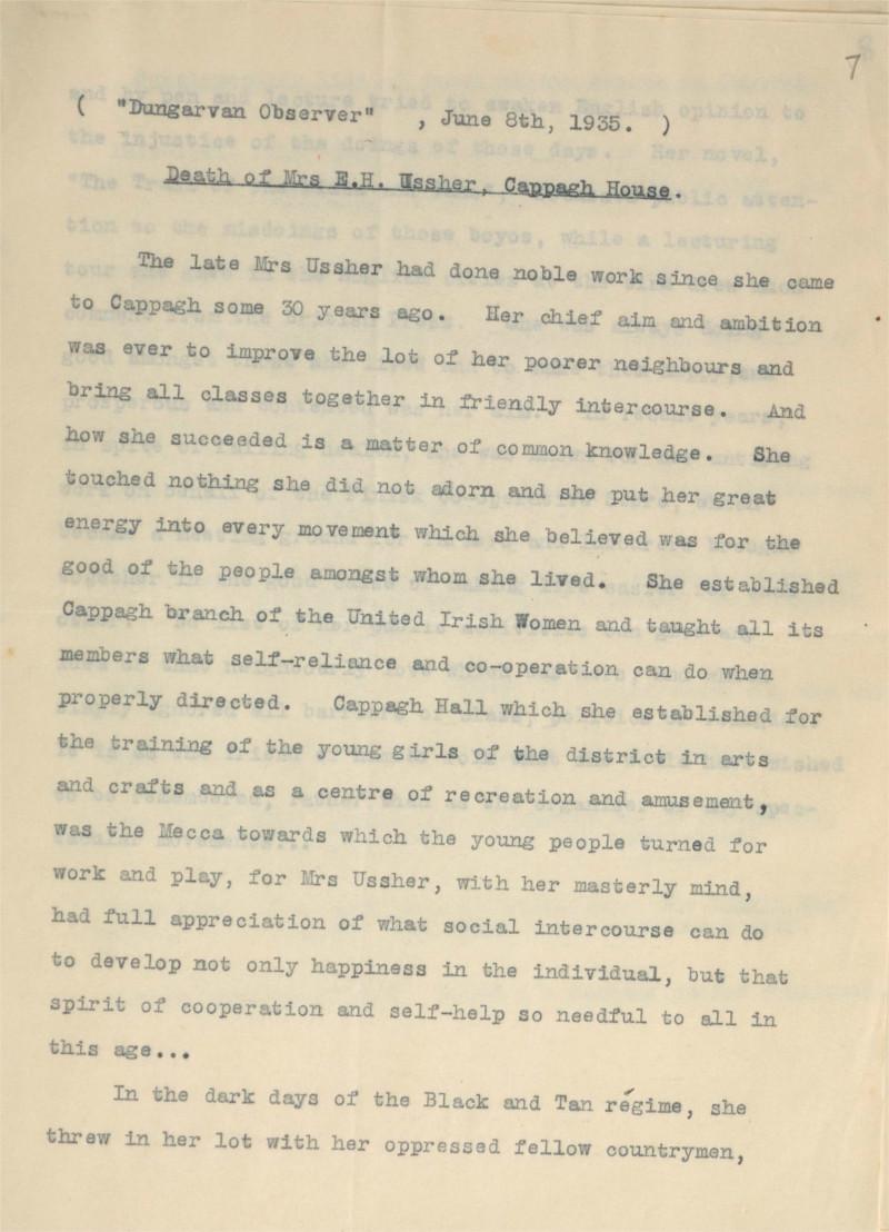 Obituary of Emily Ussher from the Dungarvan Observer, as reproduced in the appendix of the memoir compiled after her death by her sister, Dorothy Roden Buxton