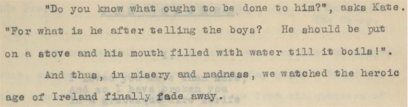 Poignant closing lines of memoir, RCB Library Ms 70, &lsquo;And thus, in misery and madness, we watched the heroic age of Ireland finally fade away'