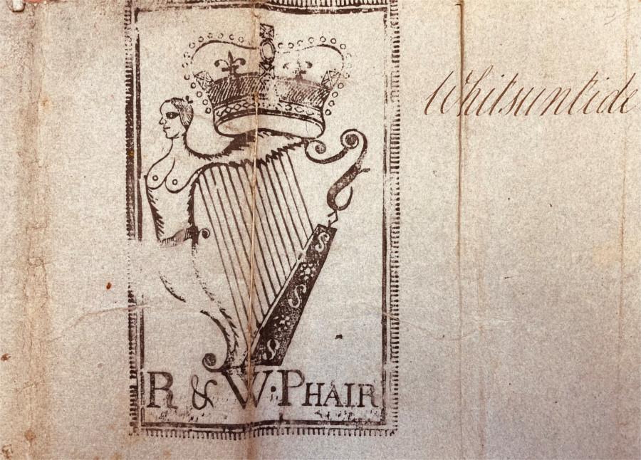 This is a good example of the cover of a sermon, which is not present in the vast majority of the items that make up Ms 1132. We see the company name R & W Phair, along with the coat of arms of the United Kingdom of Great Britain and Ireland. &lsquo;Whitsuntide' is inscribed here to the right, presumably by Sealy himself