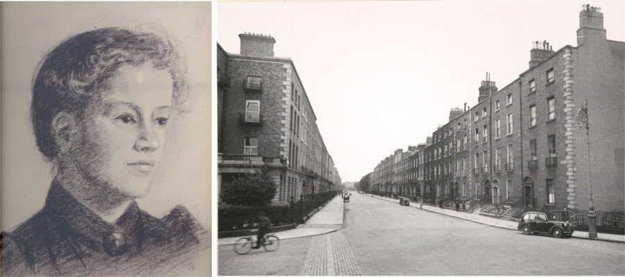Portrait of Rosamond Emily Stephen in her 24th year by her sister, DJ [Dorothea] Stephen, 1892. RCB Library Collection, and Upper Mount Street in 1940. Shot taken from St Stephen's and showing the correct side of the street, Reproduced with the permission of the Irish Architectural Archive. &copy; Irish Architectural Archive, 43/38 V3