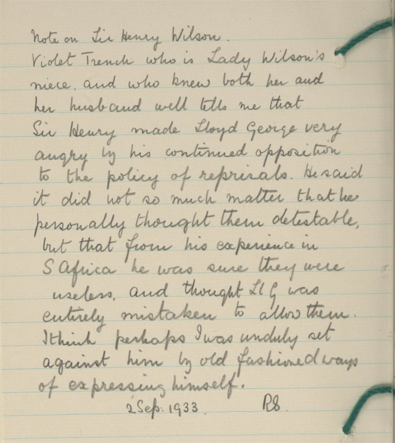 Handwritten addition in Rosamond's hand about Sir Henry Wilson, added to &lsquo;The Record' on 2 September 1922, RCB Library Ms 253/4