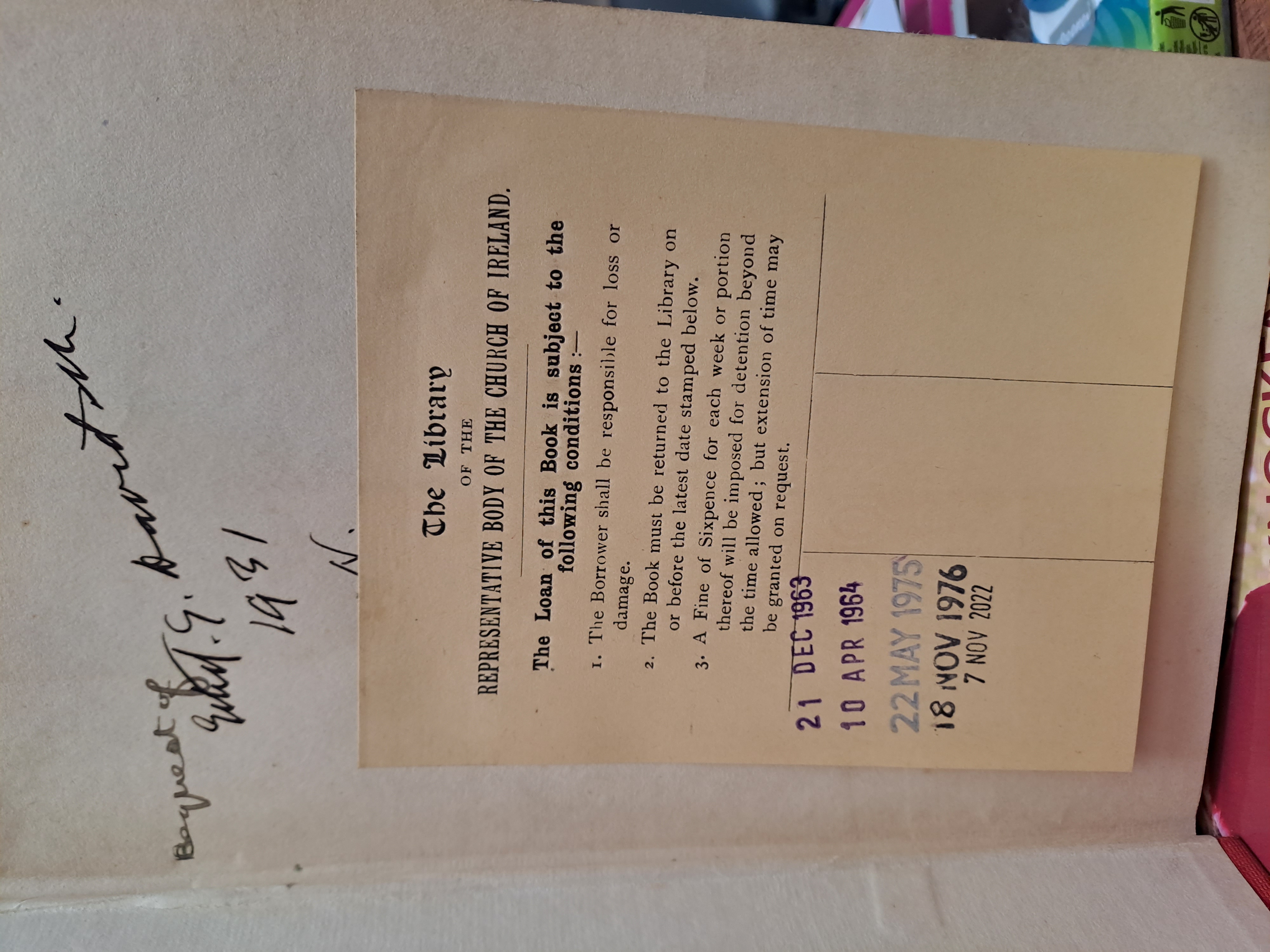 An example of a book marked as a bequest of Ethel G. Davidson (n&eacute;e Goddard). These items will often note when the book was accessioned to the Library, allowing staff to gain an understanding of how the collection grew.