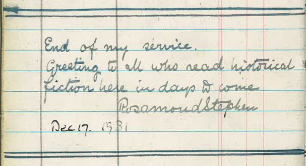 Rosamond Stephen signs off her service to the Guild of Witness Library with this note.