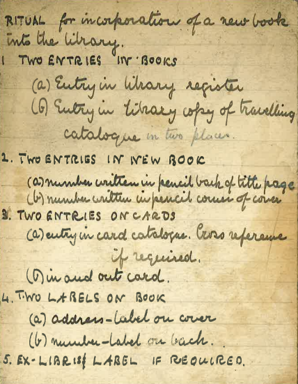 A reminder to Rosamond, in her own hand, of the procedure involved in lending items to members of the Library.
