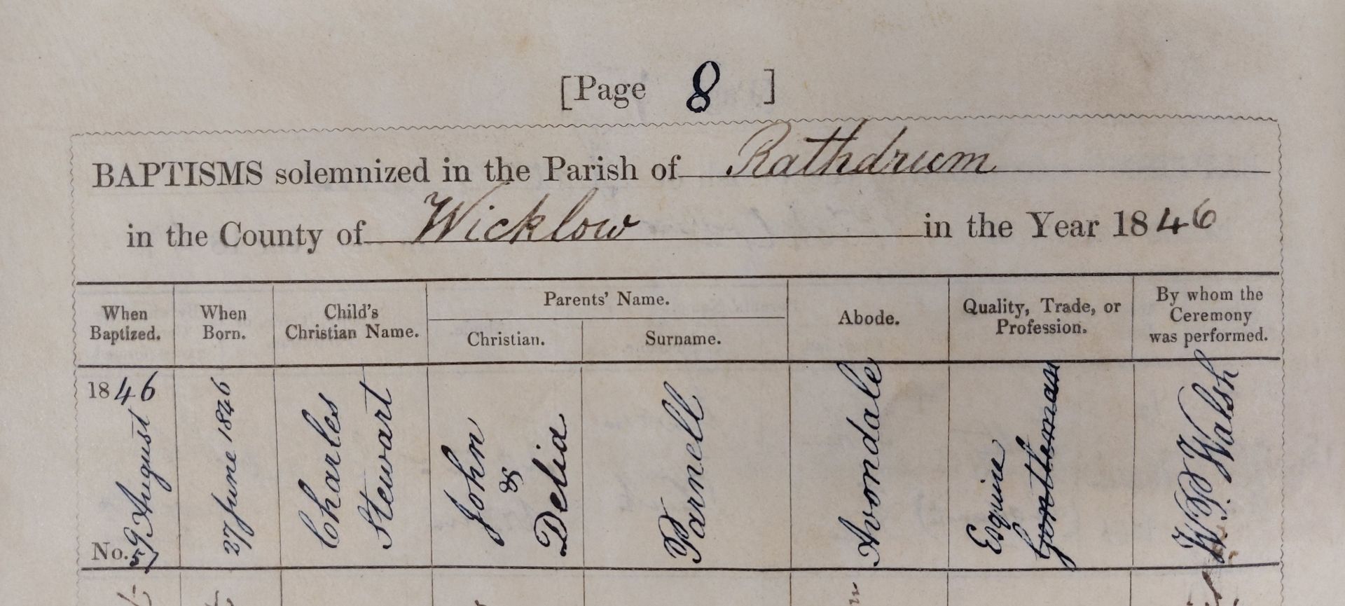 Baptism of Charles Stewart Parnell in Rathdrum parish, Co Wicklow, 9 August 1846, RCB Library, P/377/1/4.