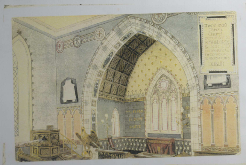 H. Sibthorpe, &ldquo;Chapelizod. Decorative scheme by H. Sibthorpe & Son of 1908 Chancel Detail IAA Ref. 9/19 Y2.,&rdquo; RCB Library - Architectural Drawings, accessed March 1, 2023, https://archdrawing.ireland.anglican.org/items/show/9372.