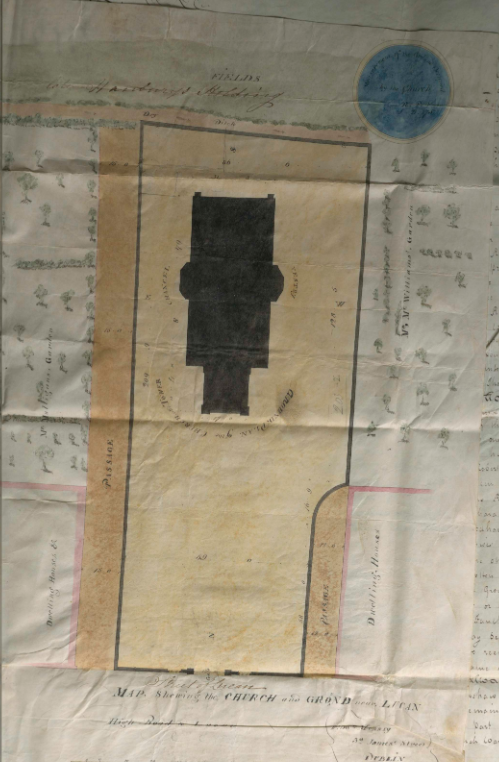 Edward Murray, &ldquo;Map shewing the Church and Ground near Lucan Conveyance of a plot of Ground to build a Church. 30th July 1822. Minor Canons of St Patrick,&rdquo; RCB Library - Architectural Drawings, accessed March 1, 2023, https://archdrawing.ireland.anglican.org/items/show/9413.