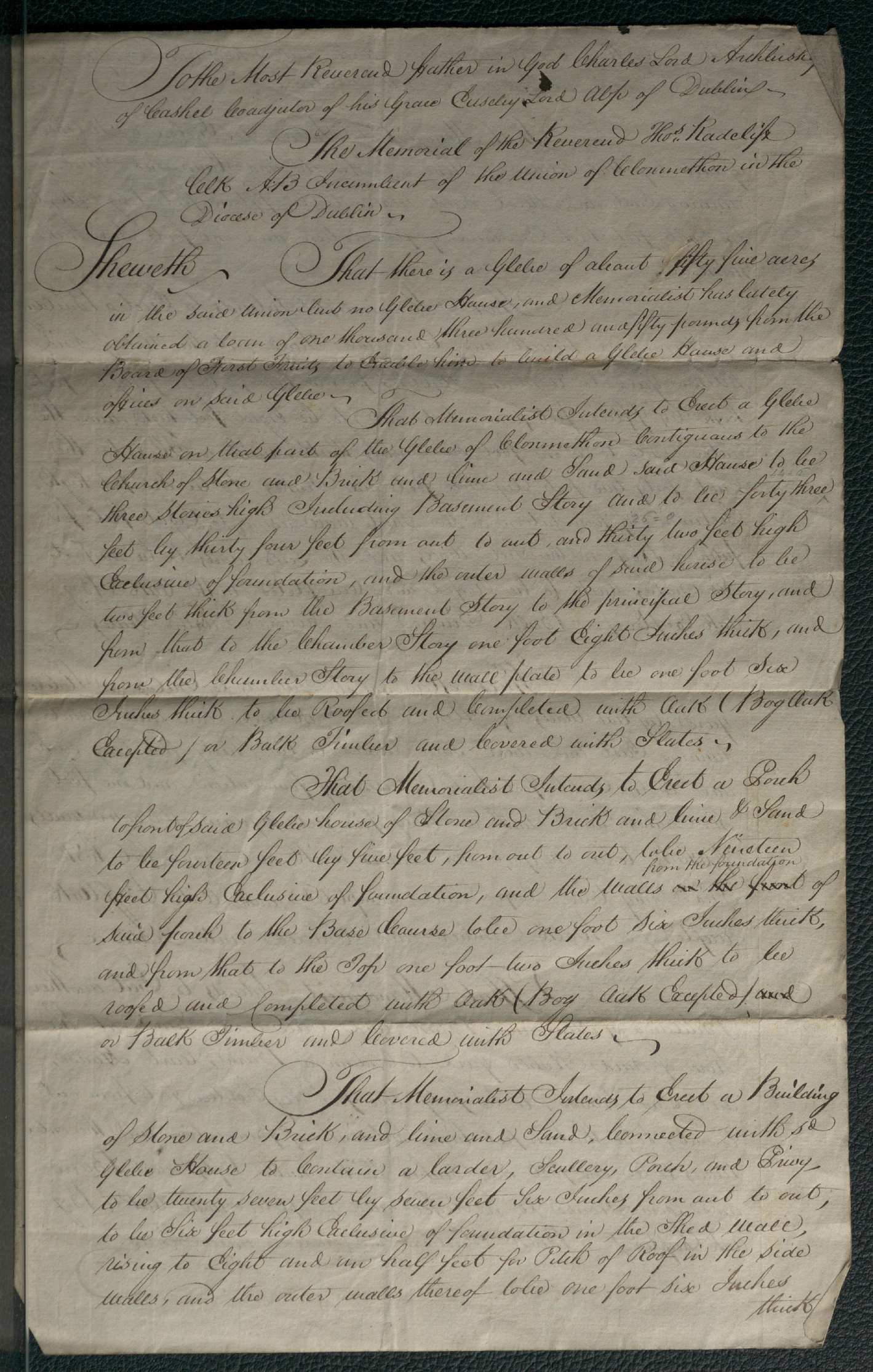 &ldquo;Clonmethan. The Memorial of the Reverend Thos Radcliffe to build a Glebe House. 6th June 1814.