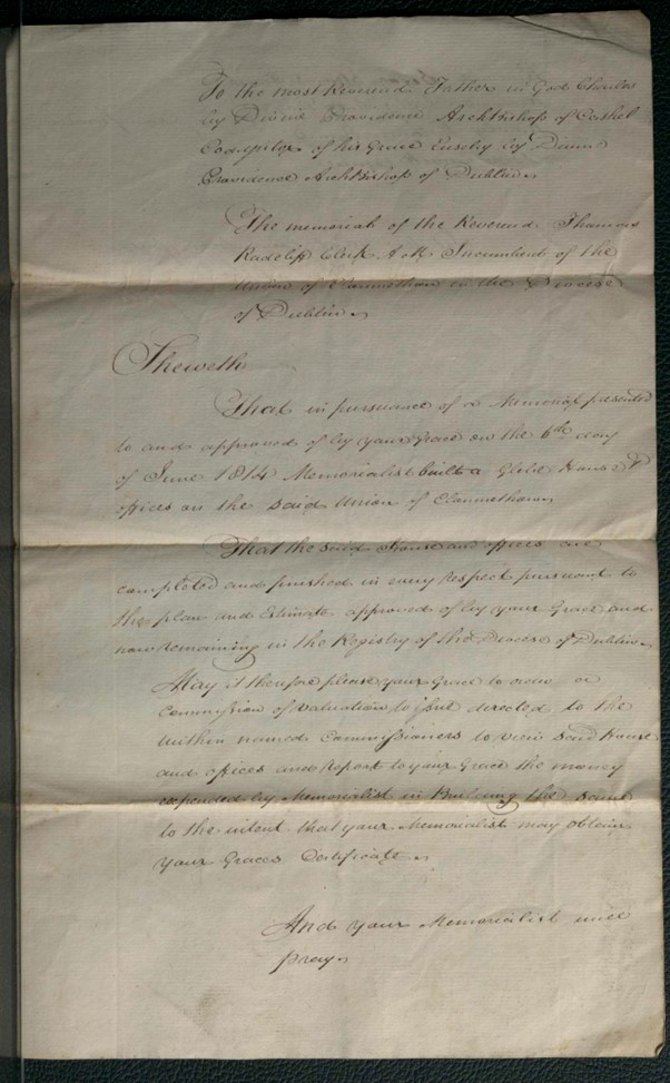 Radcliffe, &ldquo;Clonmethan. Request Commission of Valuation. ,&rdquo; RCB Library Architectural Drawings, https://archdrawing.ireland.anglican.org/items/show/9477.