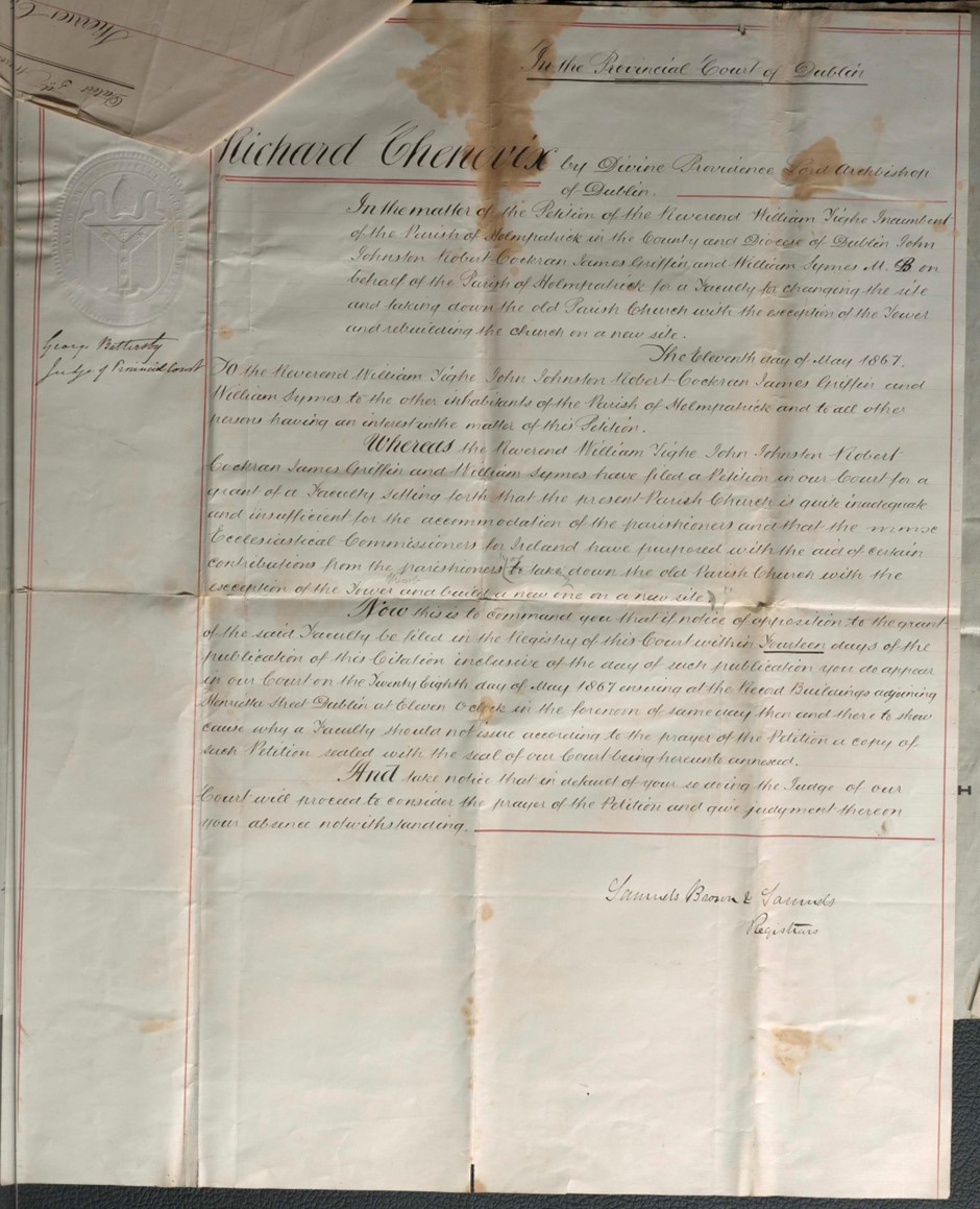 &ldquo;Holmpatrick. Skerries Church. Parish of Holmpatrick. Citation for Faculty. 11 May 1867 New church on new site. Take down the old parish church with the exception of the Tower,&rdquo; RCB Library Architectural Drawings, https://archdrawing.ireland.anglican.org/items/show/9528.