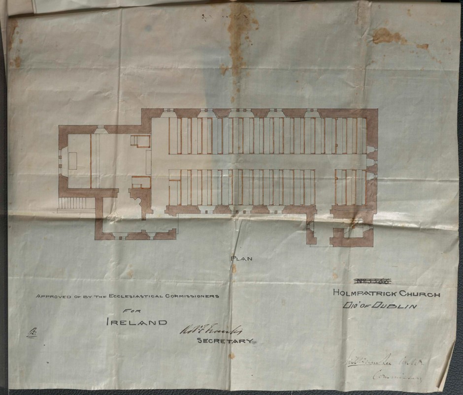 J.E. Rogers, &ldquo;Holmpatrick Church. Diocese of Dublin. Plan (No 5566). Approved of by the Ecclesiastical Commissioners for Ireland. Robt. F. Franks. Secretary. William Lee Archt. Commissary,&rdquo; RCB Library Architectural Drawings, https://archdrawing.ireland.anglican.org/items/show/9529.
