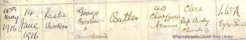 Baptismal entry for Leslie Butler