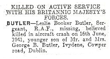 Death notice of Leslie Butler