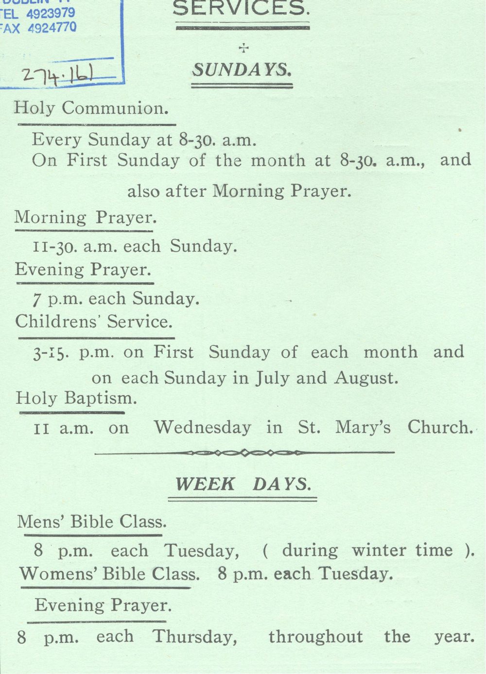 Service times and activities found in literature relating to the administration of th Mission, RCB Library Ms 478
