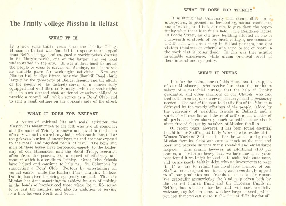 Promotional literature to provide for a Lady Worker and reduce a deficit of &pound;400, in circulation during the 1930s, RCB Library Ms 478