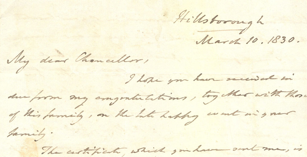 Letter of congratulations on the birth of Smyth's child in March 1830, RCB Library Ms 772/3/28.