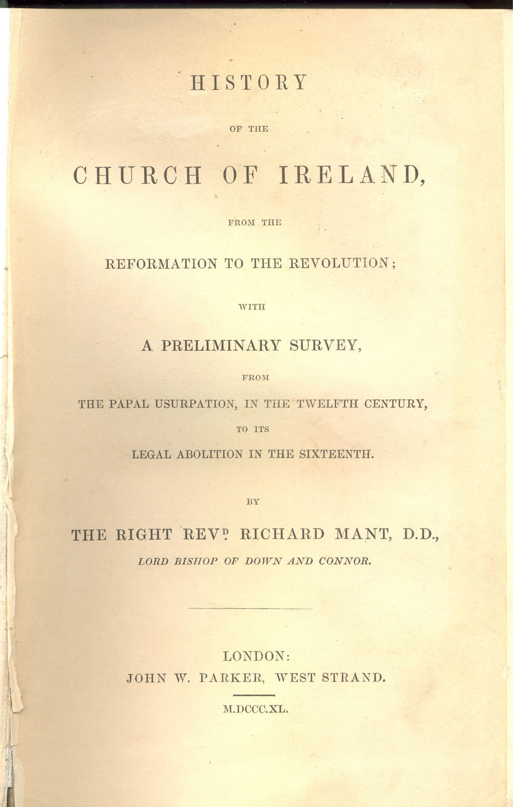 Title page from Mant's three-volume "History of the Church of Ireland", published in 1840.