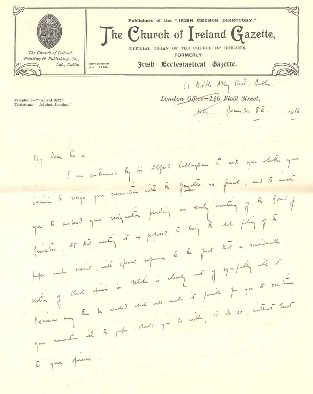 Warre B. Wells, Editor, Church of Ireland Gazette, 61 Middle Abbey   Street Dublin, to &lsquo;My Dear Sir', 9 December 1916, RCB Library MS 813/2/1/8