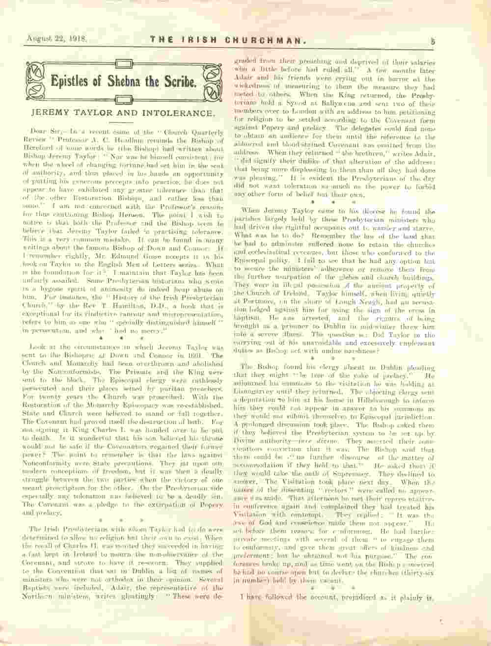 Article on Jeremy Taylor, as published in The Irish Churchman, 22 August 1918, RCB Library MS 813/4/4