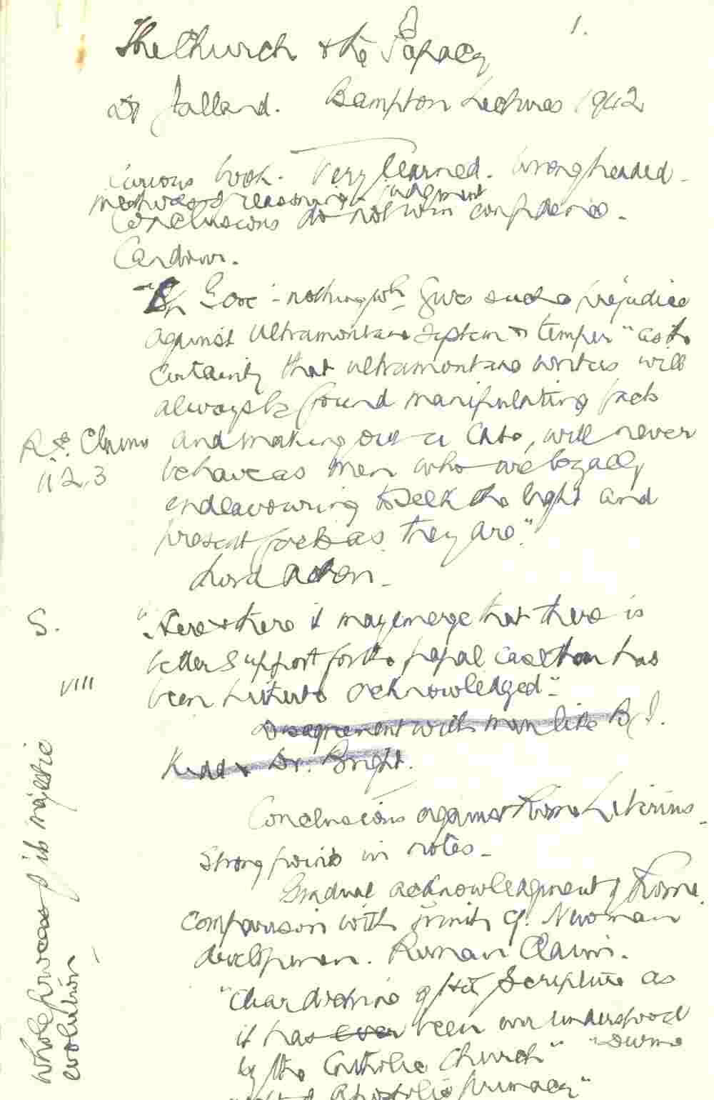 Opening lecture note on &lsquo;The Church and the Papacy', first delivered to the Lurgan Clerical Meeting, at the Downshire Arms Hotel, Banbridge, 26 March 1946, RCB Library MS 813/6/10.