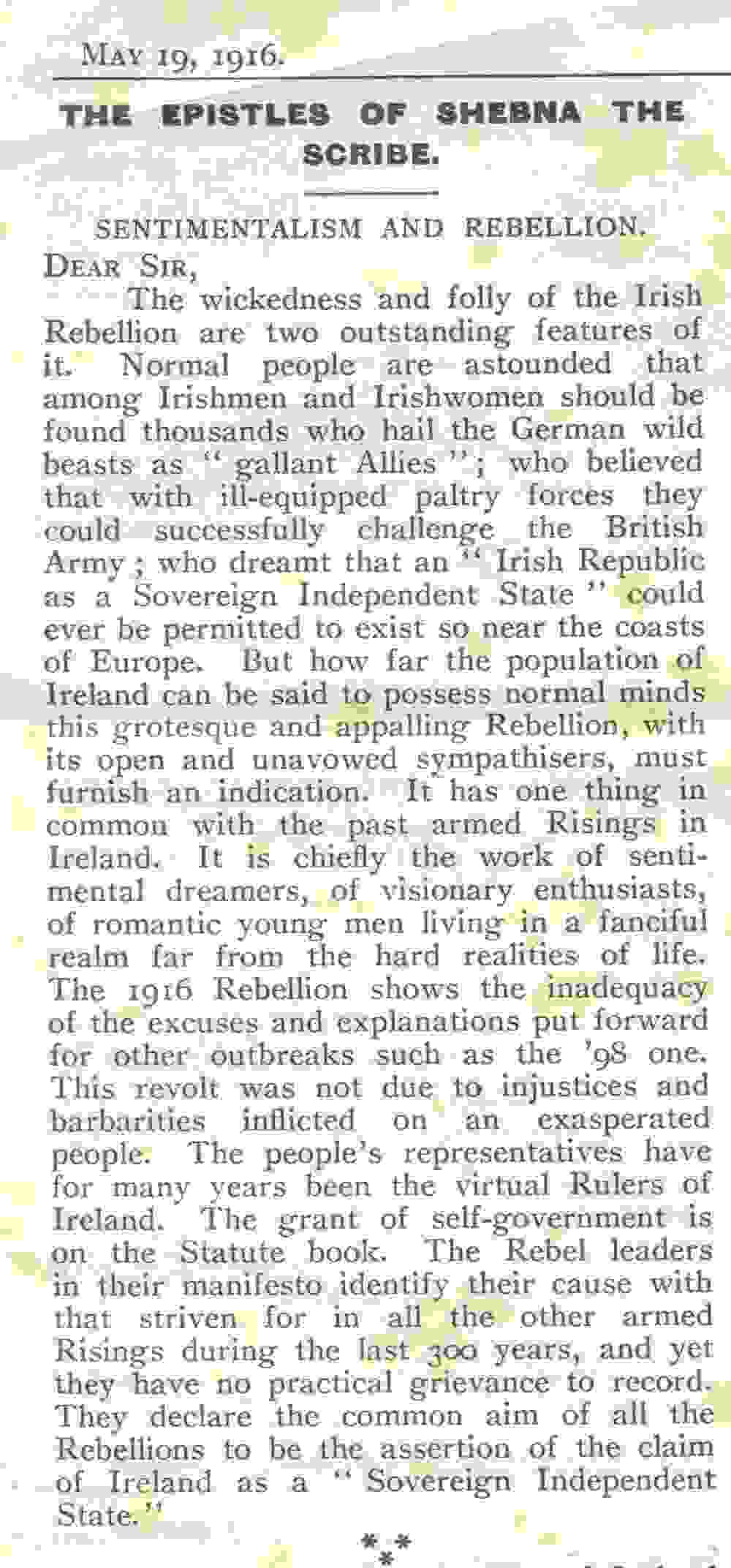 &lsquo;Sentimentalism and Rebellion', being the Epistle of Shebna the Scribe, as published in the Church of Ireland Gazette, 19 May 1916, RCB Library MS 813/4/3.
