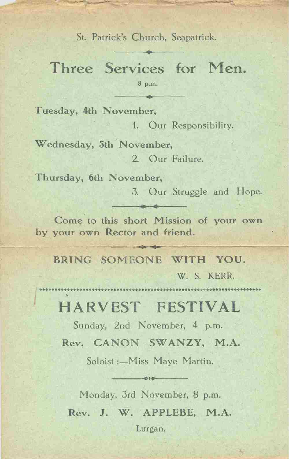 Services for men held in Seapatrick parish church, RCB Library MS 813/9/1.