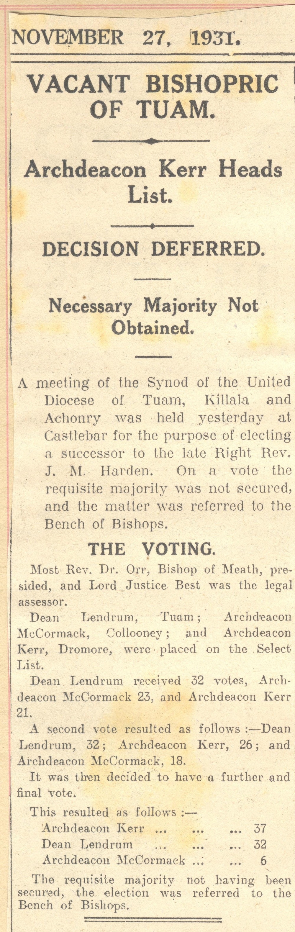 Scrapbook recording press report of voting in the &lsquo;vacant bishopric       of Tuam', 27 November 1931, RCB Library MS 813/7/5.