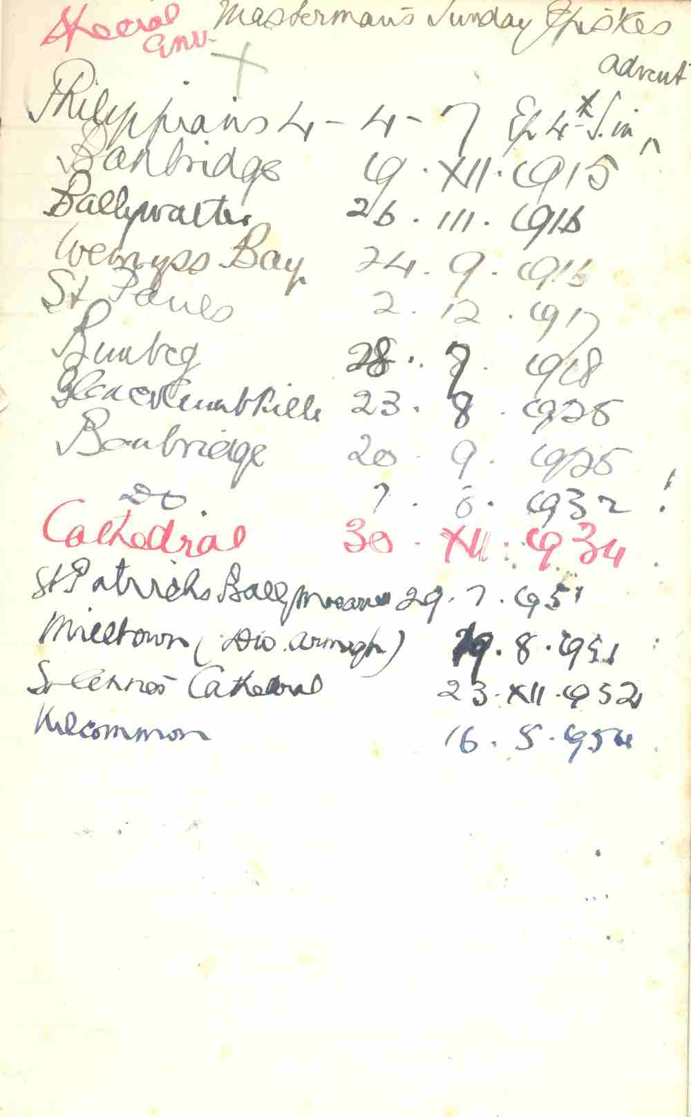 Entry showing sermons preached at Belfast cathedral, in red, RCB Library MS 813/1/3.