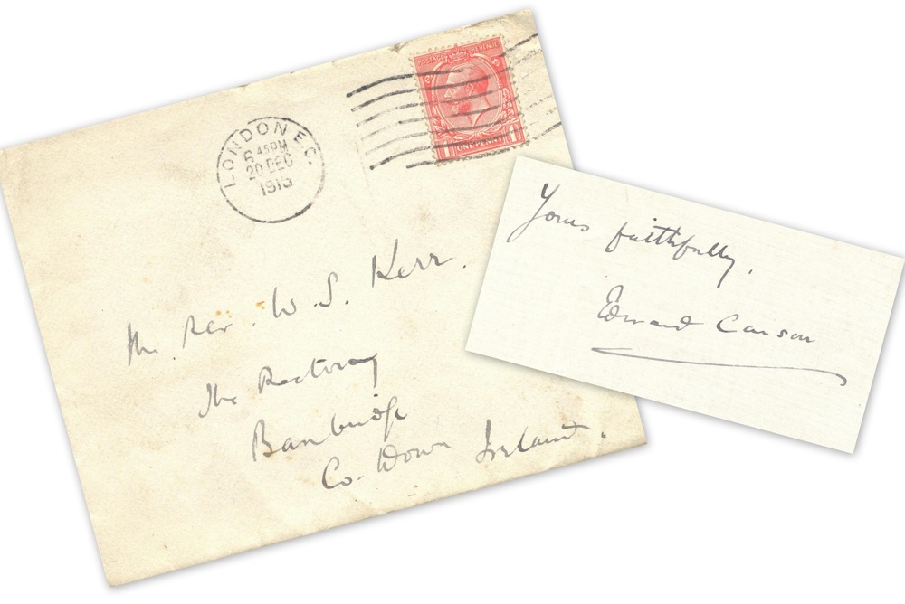 Accompanying envelope and signature to letter from Edward   Carson, 5 Eaton Place, London S.W. to &lsquo;Dear Mr Kerr', 19 December 1915, RCB Library MS 813/2/1/3.