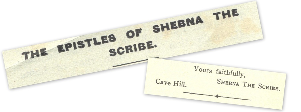 Examples of Shebna the Scribe signatures, as printed in the Church of Ireland Gazette, 1910-16, RCB Library MS 813/4/1, and /4/2.