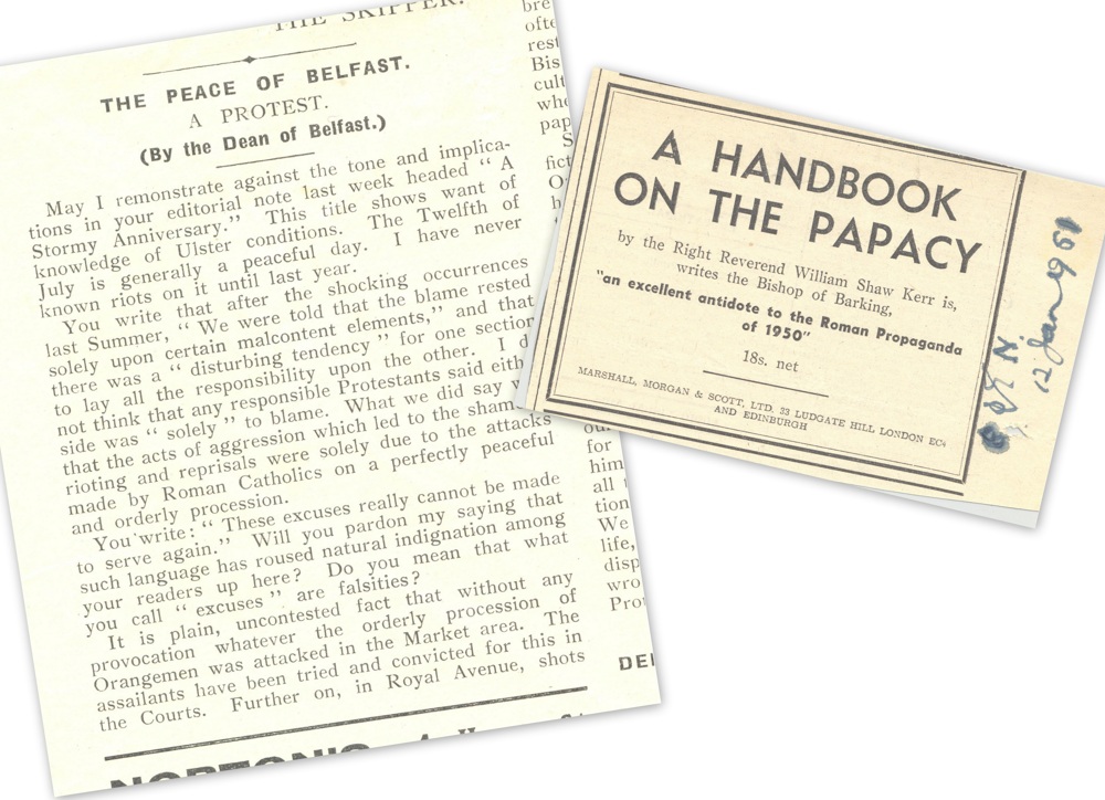 Peace of Belfast a Protest' RCB Library MS 813/54 and flier for the Handbook on the Papacy, RCB Library MS 813/5/6/2.