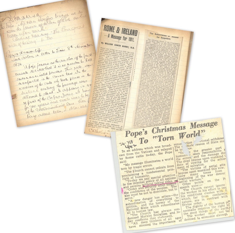 Various examples from the notebook on Romanism, 19111-58, RCB Library MS 813/7/1