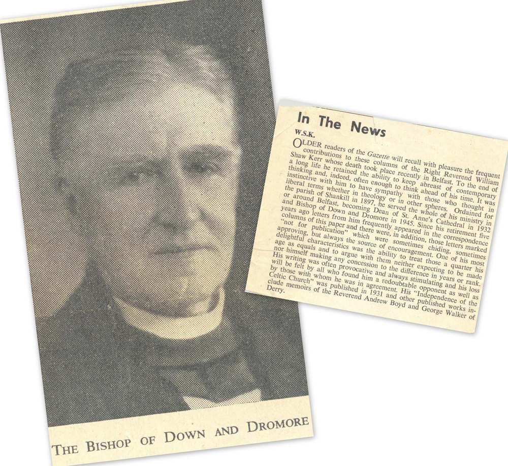 Final tribute to W.S.K. and later image of the bishop, as published in the Church of Ireland Gazette, 1960, RCB Library MS 813/11/7.
