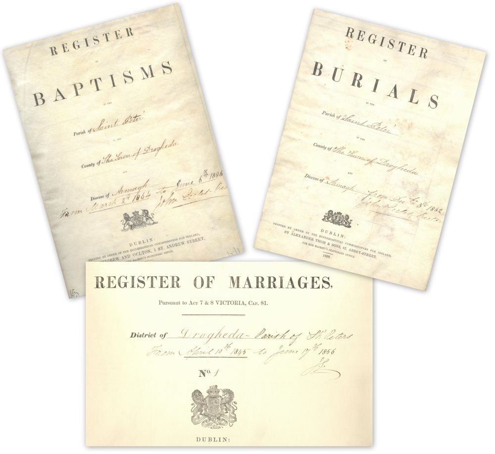 Title pages to parish registers in the St Peter's Drogheda collection, RCB Library P854