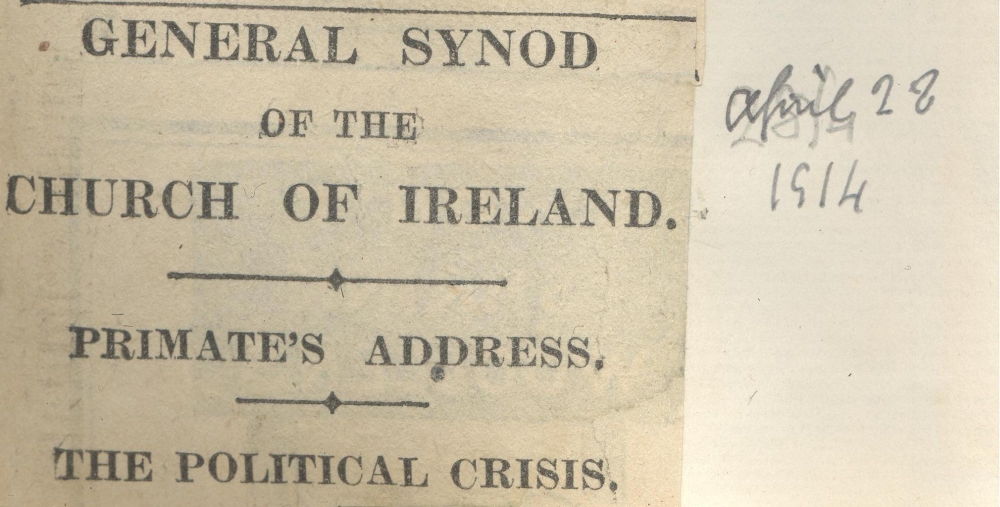 The Daily Mail headline for the opening of the General Synod on 28 April 1914, as published the following day, and kept safe for the record by Walsh in RCB Library MS 297/17.