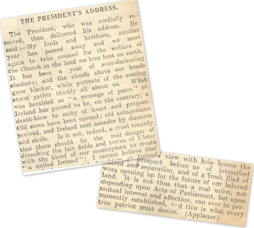 Details from the verbatim report on the Primate's address to the General Synod, 1914, RCB Library MS 297/17.