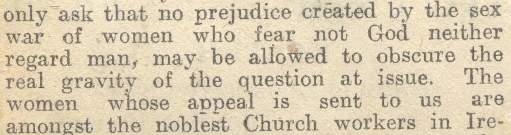 Appeals for &lsquo;no prejudice created by the sex war of women', in the Primate's address, RCB Library MS 297/17.