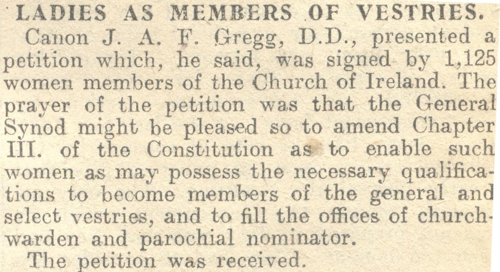 Notice of petition on the issue presented to the General Synod by Revd J.A.F. Gregg DD, RCB Library MS 297/17.