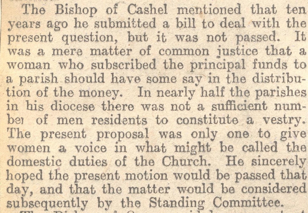 The bishop of Cashel, the Rt. Revd Henry O'Hara, appeals to &lsquo;give women a voice &hellip; in the domestic duties of the Church', RCB Library MS 297/17.