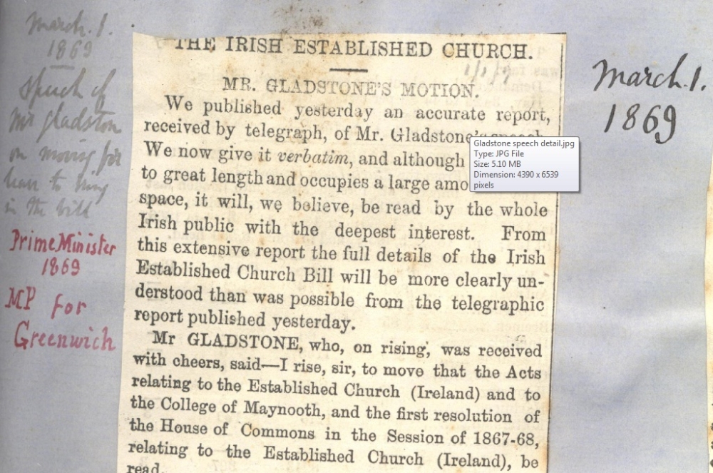 Detail of the speech of William Gladstone MP, Prime Minister, moving the Irish Church Bill, as reported verbatim in The Standard, 1 March 1869, together with Walsh's annotations, RCB Library MS 297/1.