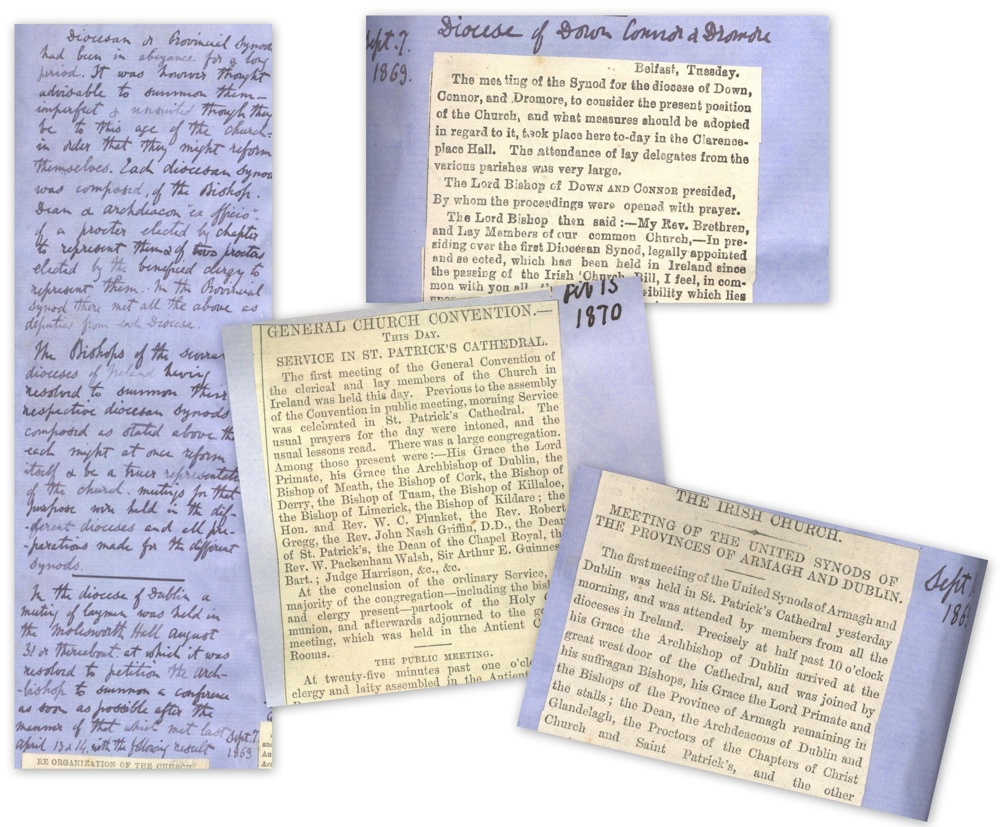 Walsh's notes on the diocesan and provincial synods set up in the run up to the Church's planning for disestablishment; the united provincial synods for Armagh and Dublin, September 1869; detail on the diocesan synod for the united diocese of Down, Connor and Dromore, held in Belfast, September 1869; and final notice of the opening service held at the General Convention on 13 February 1870, RCB Library MS 297/17.