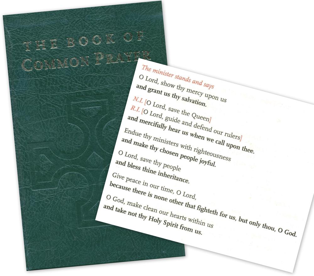 Book of Common Prayer (Dublin, 2004) with liturgy for Morning and Evening Prayer which includes separate prayers of the people for the respective state authorities in Northern Ireland (NI) and the Republic of Ireland (RI)