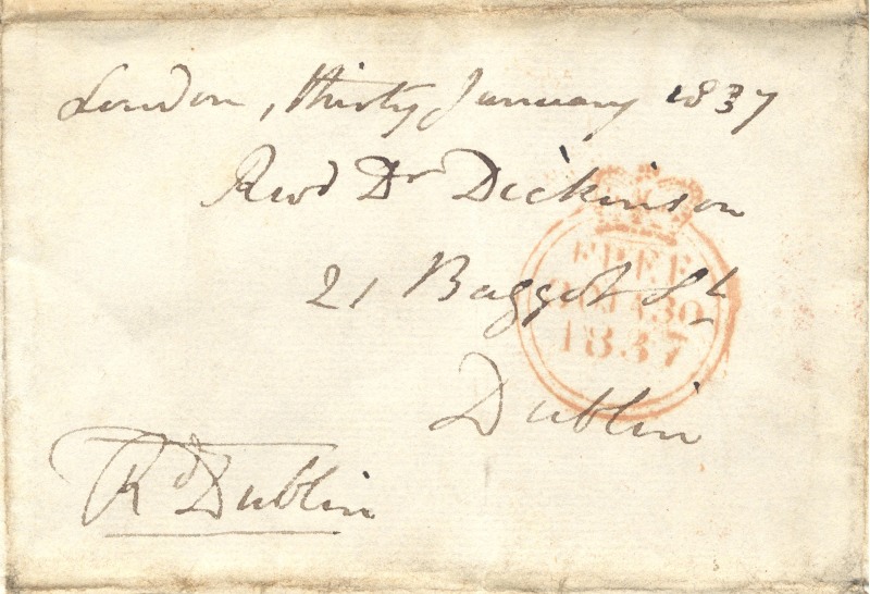 Envelope addressed to Revd Dr Charles Dickinson, April 1837, and opening of letter to Canon John West, March 1847, in the archbishop's hand, RCB Library 707/1/1/10 and /24.