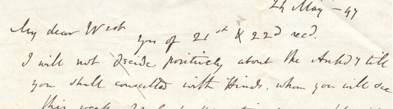 Envelope addressed to Revd Dr Charles Dickinson, April 1837, and opening of letter to Canon John West, March 1847, in the archbishop's hand, RCB Library 707/1/1/10 and /24.